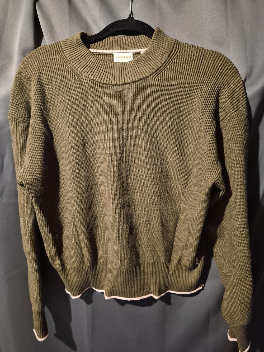 Scotch & Soda Olive Green Ribbed Crewneck Sweater with Contrast Trim